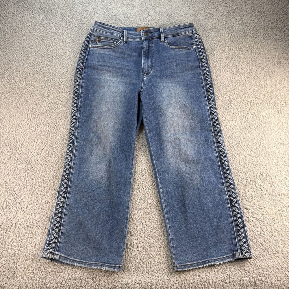 Judy Blue Wide Leg Jean Women 13/31 31x23 Blue Braided Side Seam Raw Hem JB88850